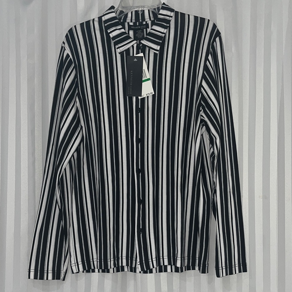 NWT Kenneth Cole New York Black & White Striped Button Down Cuffless Shirt